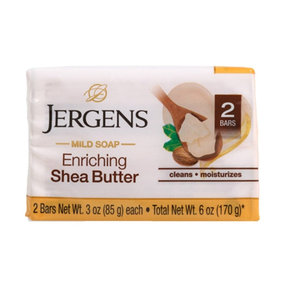 Wrapped package of Jergens Shea Butter Mild Soap with 2 bars.